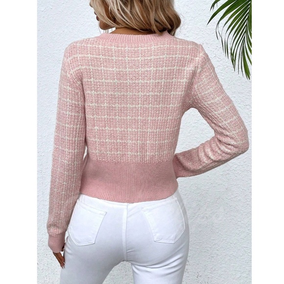 Pink Plaid Button Up Cardigan Knit Long Sleeve  Stretchy - Picture 4 of 9